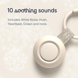 Close-up of the Hatch Go Portable Sound Machine for baby showing 10 soothing sounds like white noise and heartbeat.