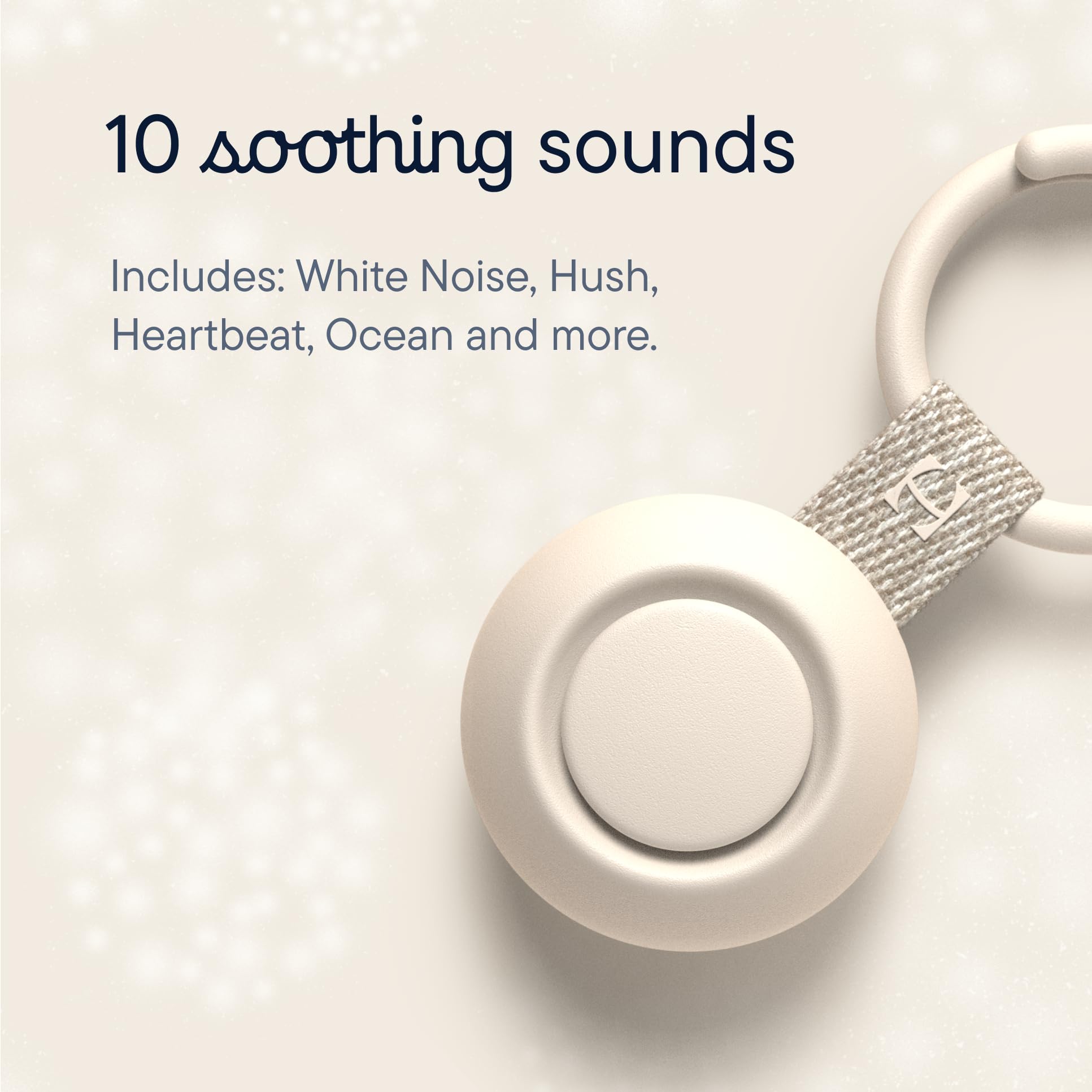 Close-up of the Hatch Go Portable Sound Machine for baby showing 10 soothing sounds like white noise and heartbeat.