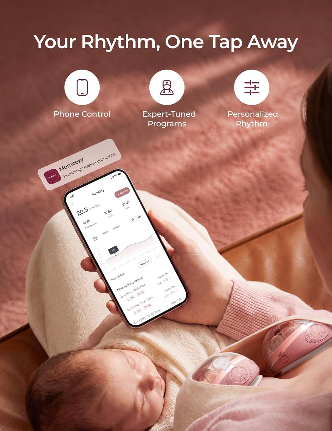 Mother holding a phone showing the Momcozy app tracking a pumping session, with phone control, expert-tuned programs and personalised rhythm.