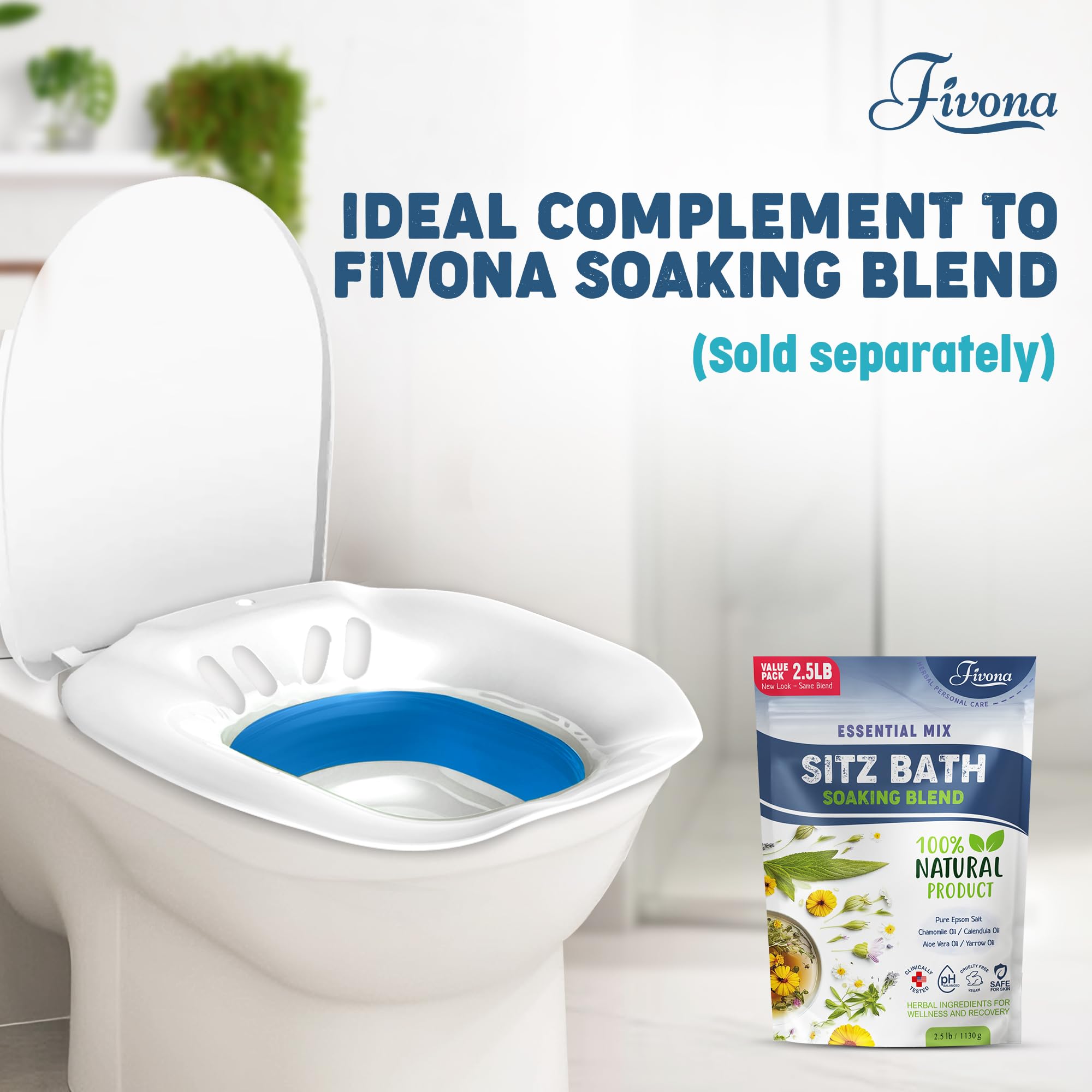 Fivona Foldable Sitz Bath for postpartum care and hemorrhoid treatment next to soaking blend.
