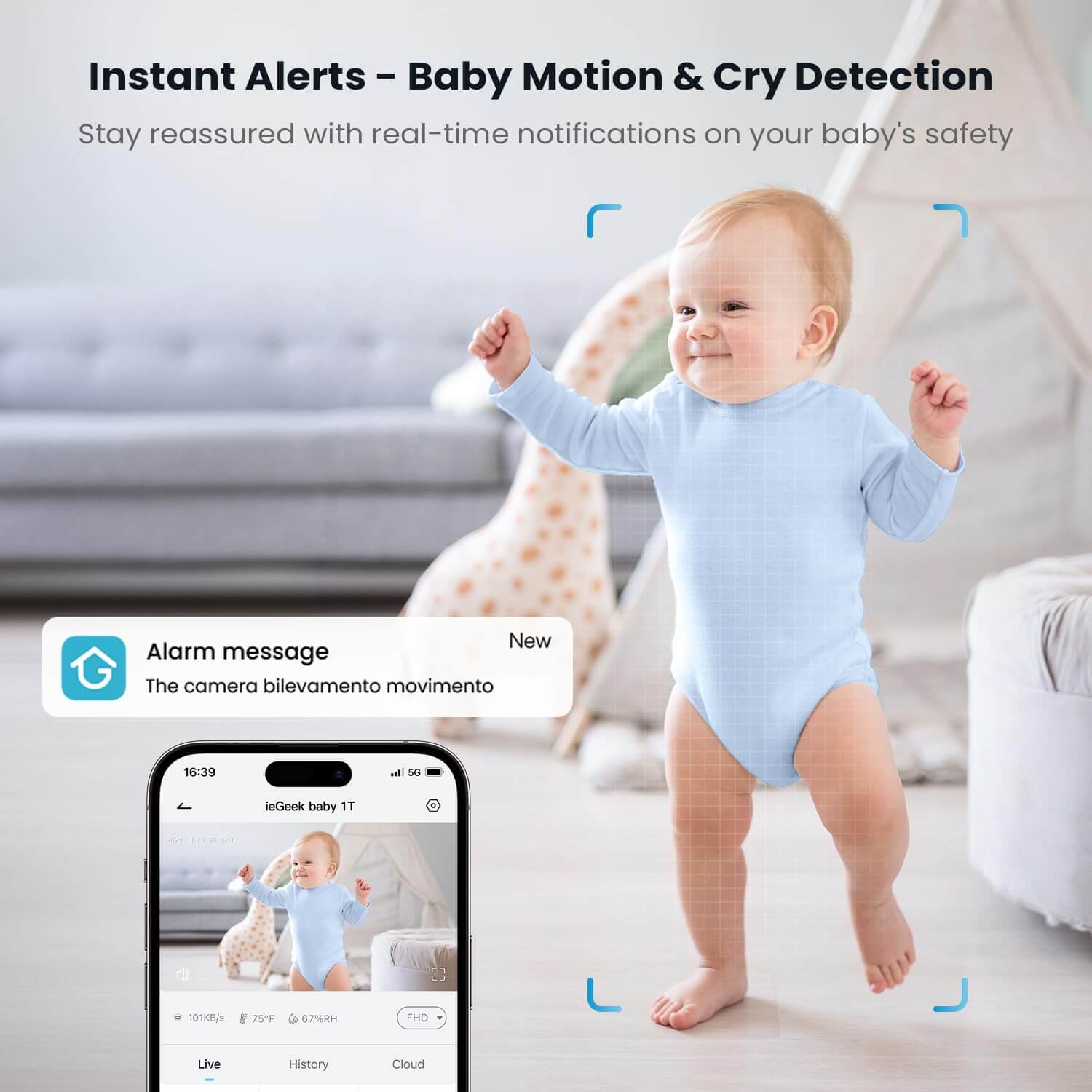 ieGeek 2K Baby Monitor showing baby with motion alert notification on smartphone screen.