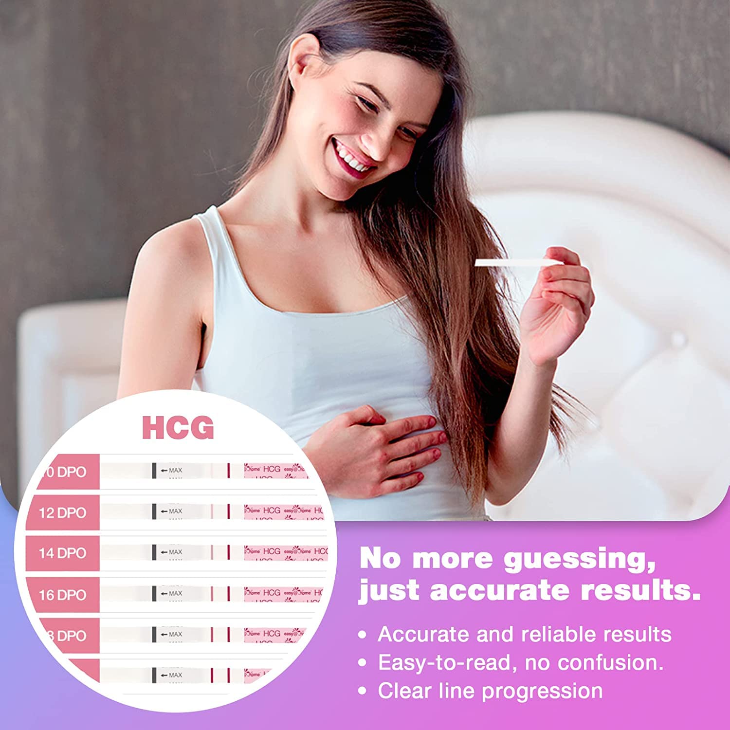 Woman smiling holding ovulation and pregnancy test kit showcasing accurate results and easy-to-read design.