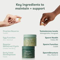 Key ingredients to support and maintain fertility supplements for women and men in Frida Pre-Conception Set.