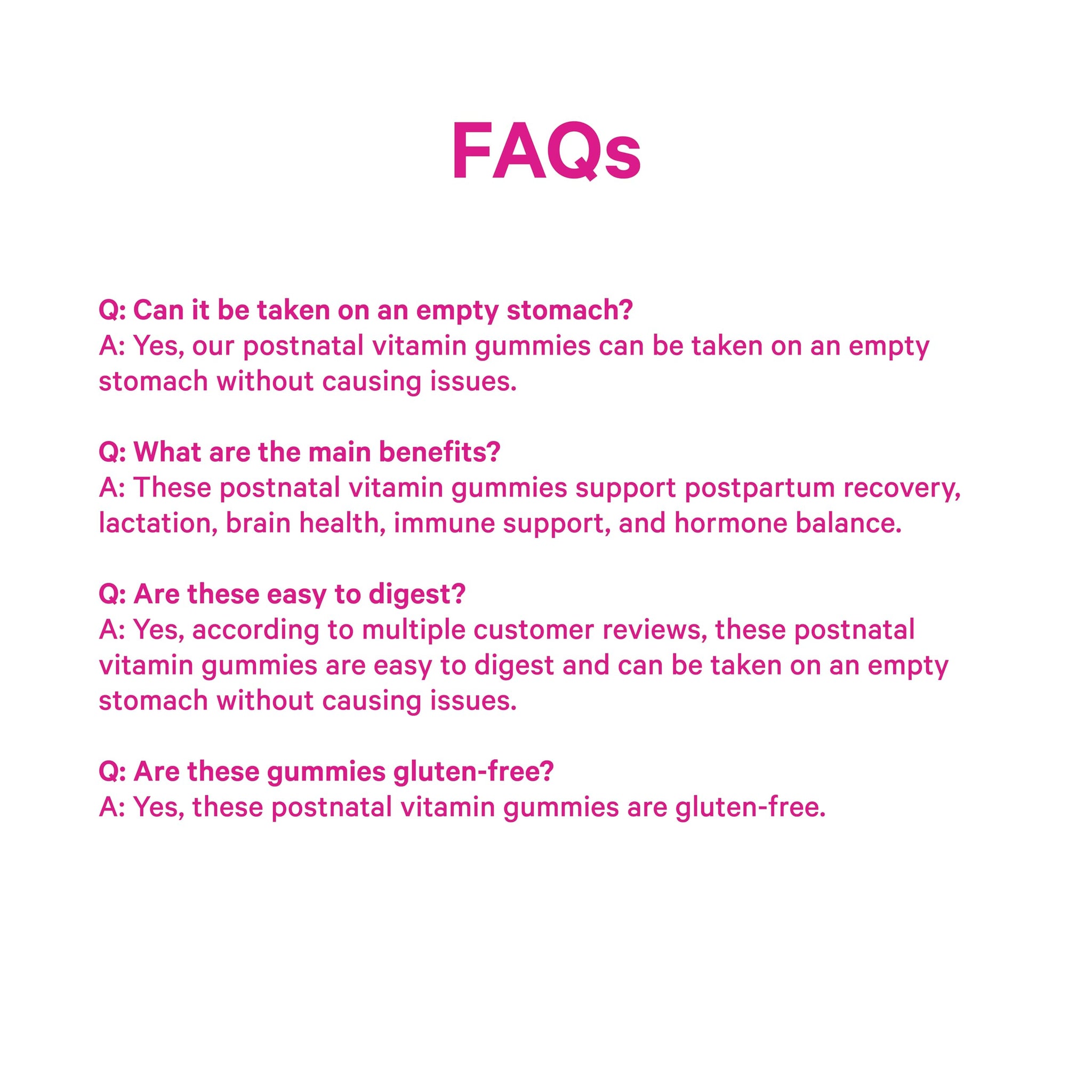 FAQs about postnatal vitamins for breastfeeding, including benefits and digestibility information.