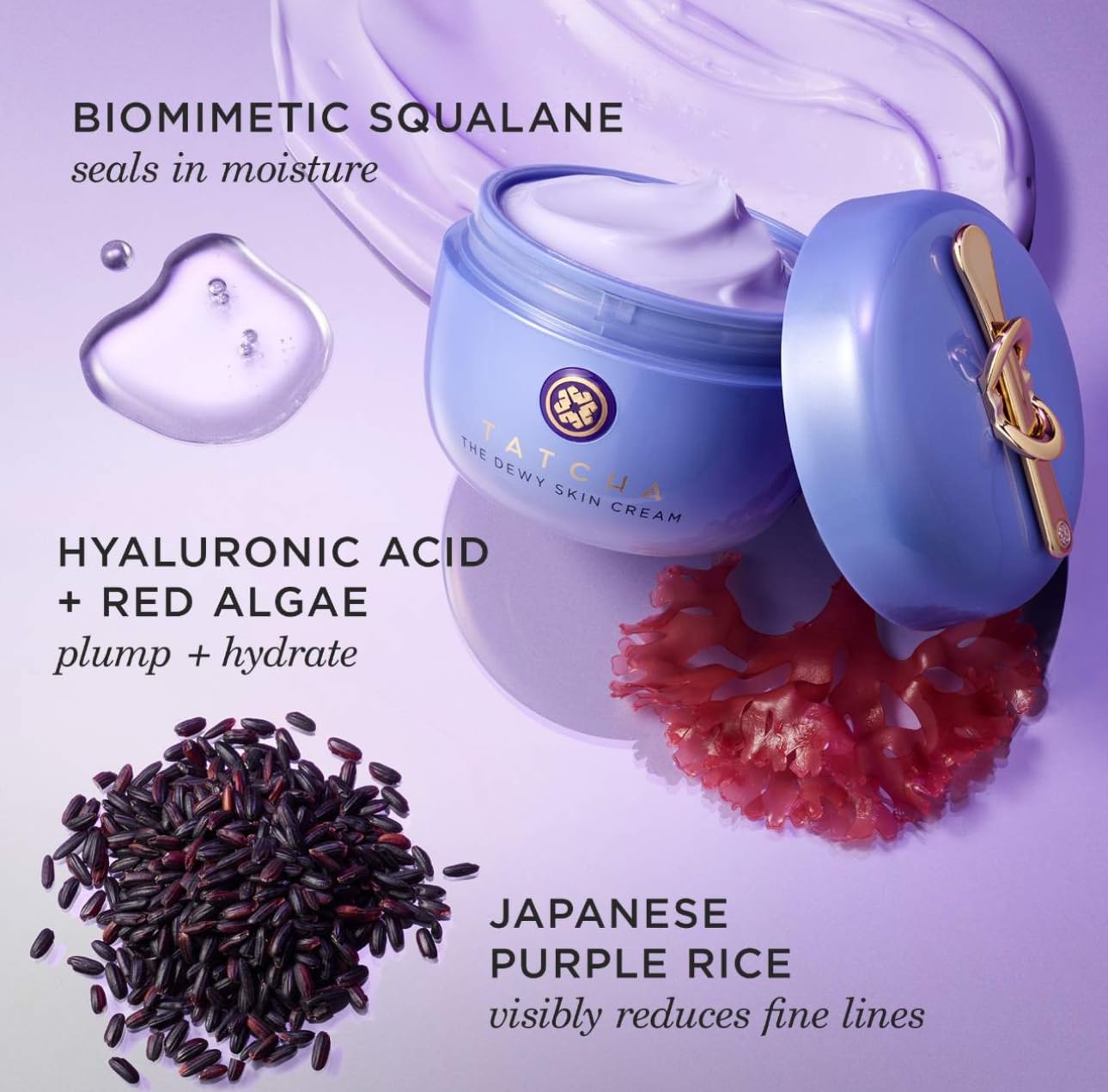 TATCHA The Dewy Skin Cream product with biomimetic squalane, hyaluronic acid, Japanese purple rice, pregnancy safe face cream.