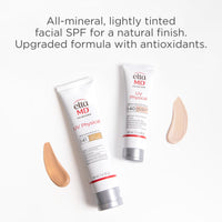 EltaMD UV Physical SPF 41 and SPF 40 tubes with tint swatches, an all-mineral lightly tinted facial sunscreen