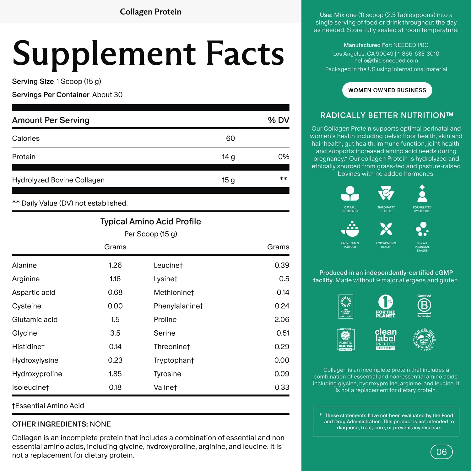 Supplement facts for Collagen Protein Powder for Pregnancy including serving size, calories, protein, and amino acid profile.