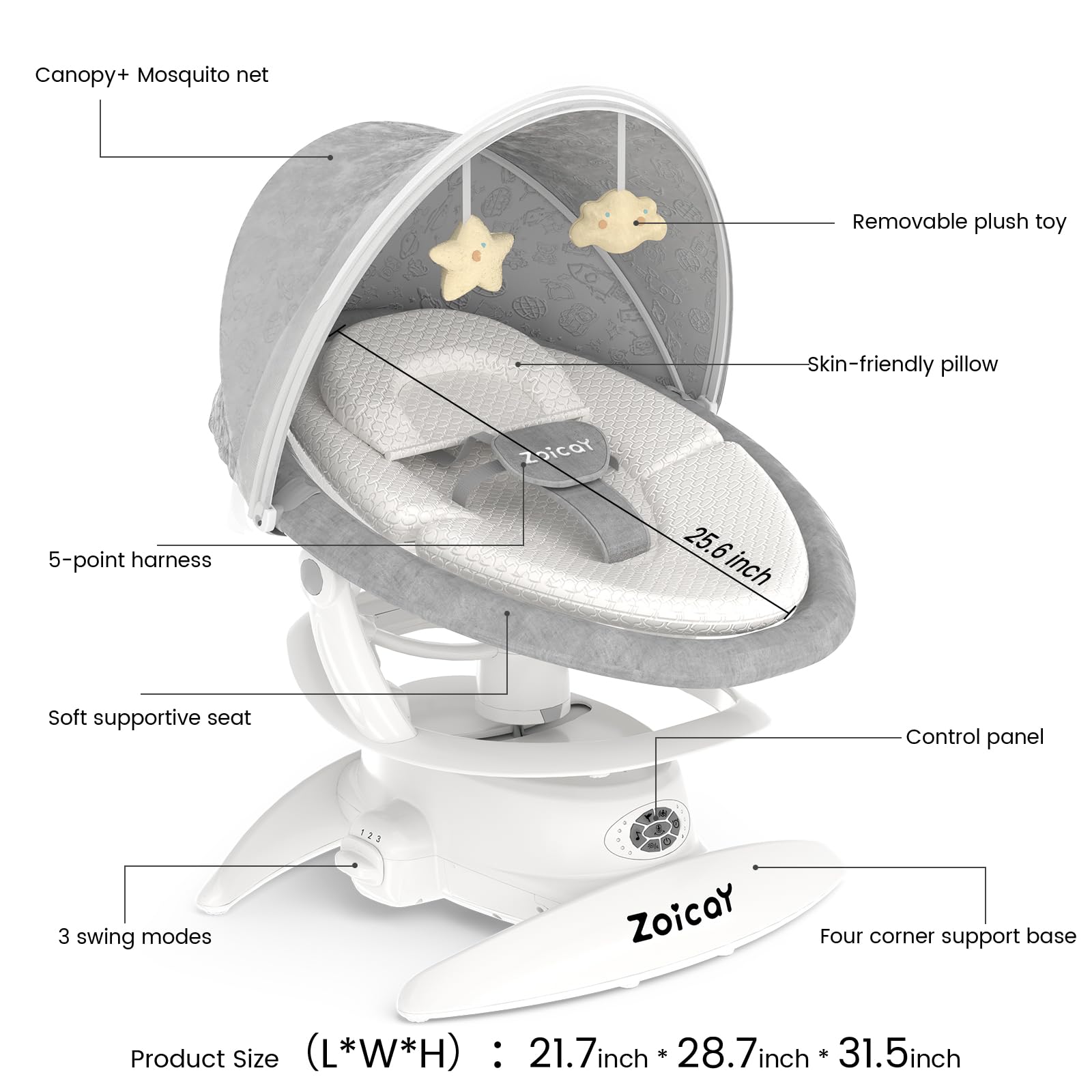 Baby swing for infants with canopy, removable plush toy, and 5-point harness - Zoicay 3-in-1 Motion Detect Swing.