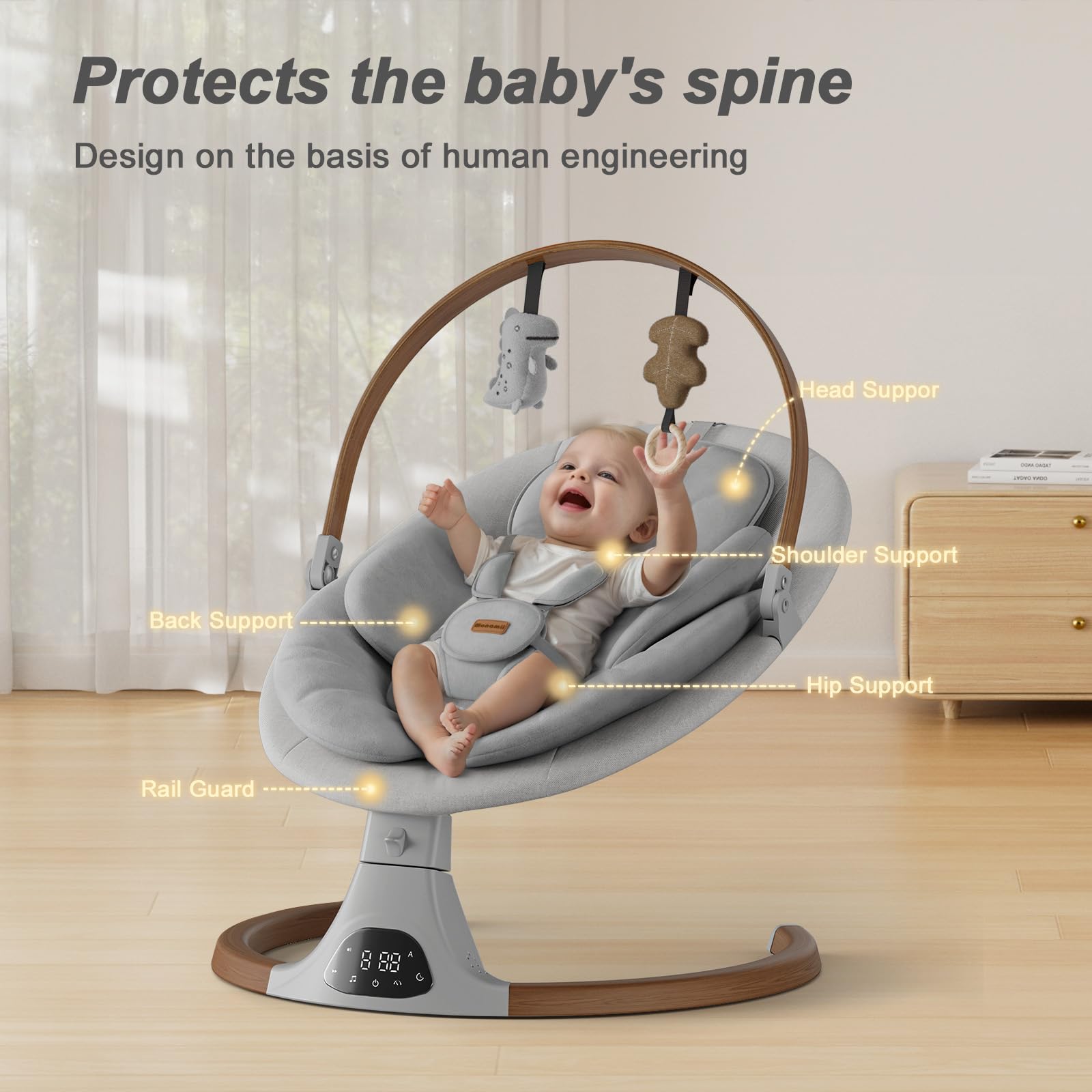 Baby swing for infants featuring ergonomic design with head, back, shoulder, and hip support, ensuring comfort and safety.
