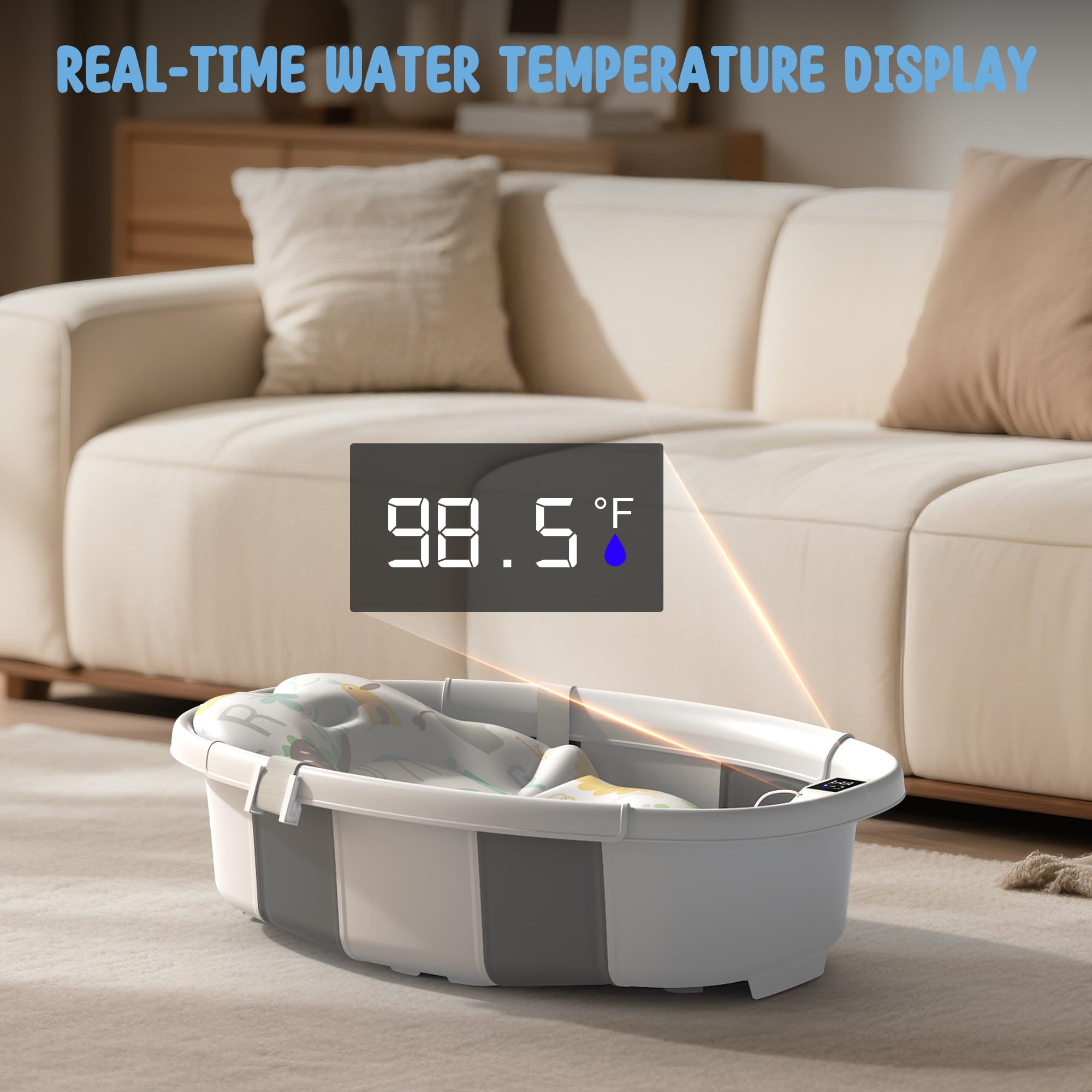 Collapsible baby bathtub with real-time water temperature display showing 98.5°F in a cozy living room setting.