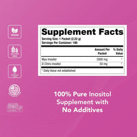 Ovasitol supplement facts panel: 2,000 mg myo-inositol and 50 mg d-chiro-inositol per 2.22 g packet, 180 packets
