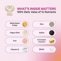 Pink Stork Total Prenatal ingredients: methylated folate, vegan DHA, iron, vitamin D, zinc, iodine, B vitamins and biotin