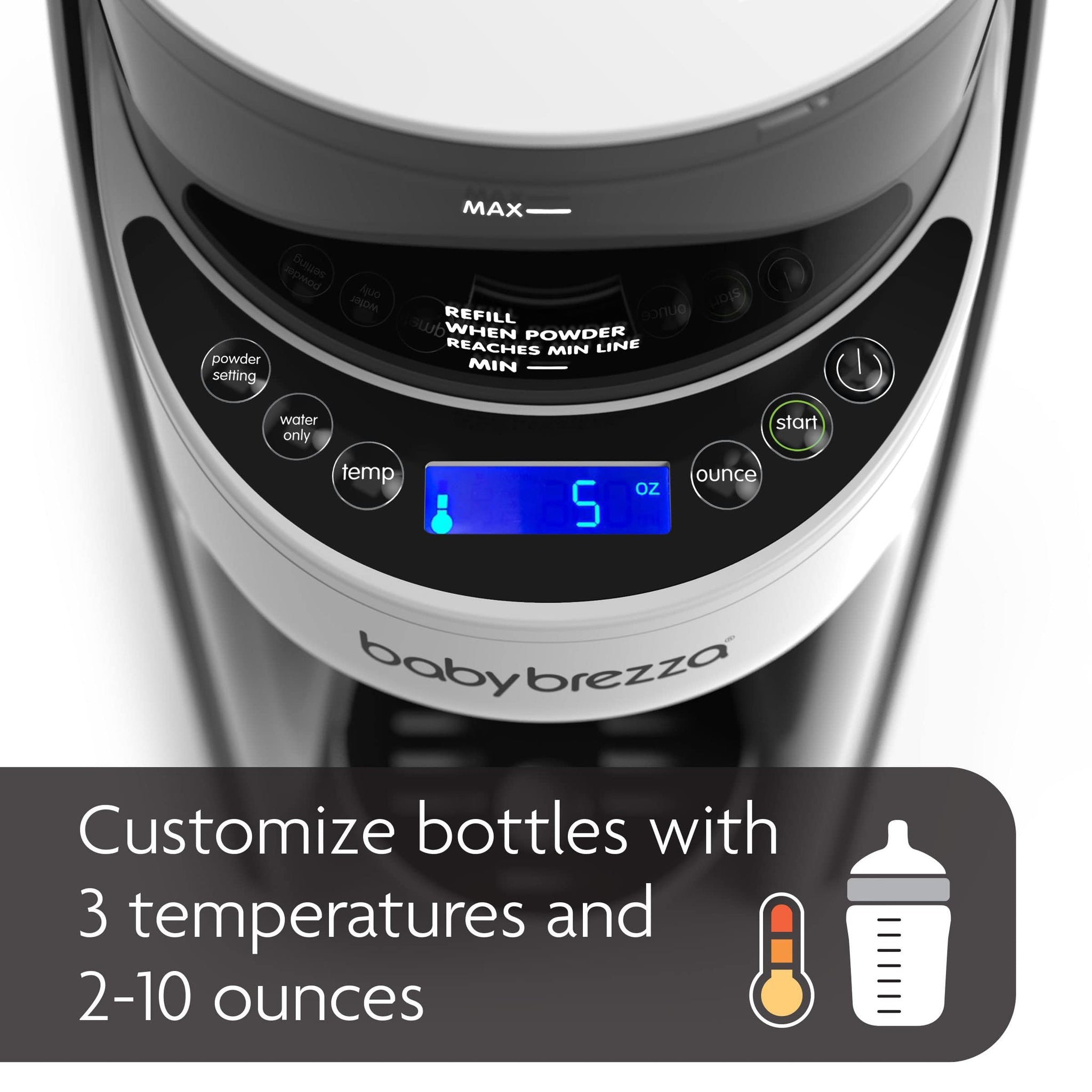 Automatic formula dispenser for newborns with customizable settings for temperature and ounces.