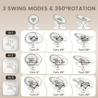 3 swing modes and 360° rotation for Zoicay 3-in-1 baby swing for infants, showcasing its versatile movement options.