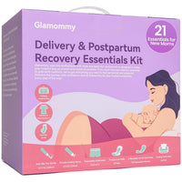 The larger Glamommy Ultimate Kit box, labelled 21 essentials, which adds a foldable hospital bag, a nursing gown, socks and two extra pairs of underwear.