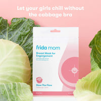 Frida Mom Breast Mask for engorgement relief, surrounded by fresh cabbage, promoting gentle comfort for nursing moms.