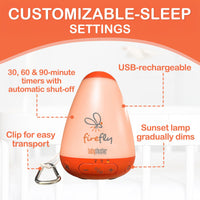 White noise machine with night light featuring customizable sleep settings and USB rechargeability.
