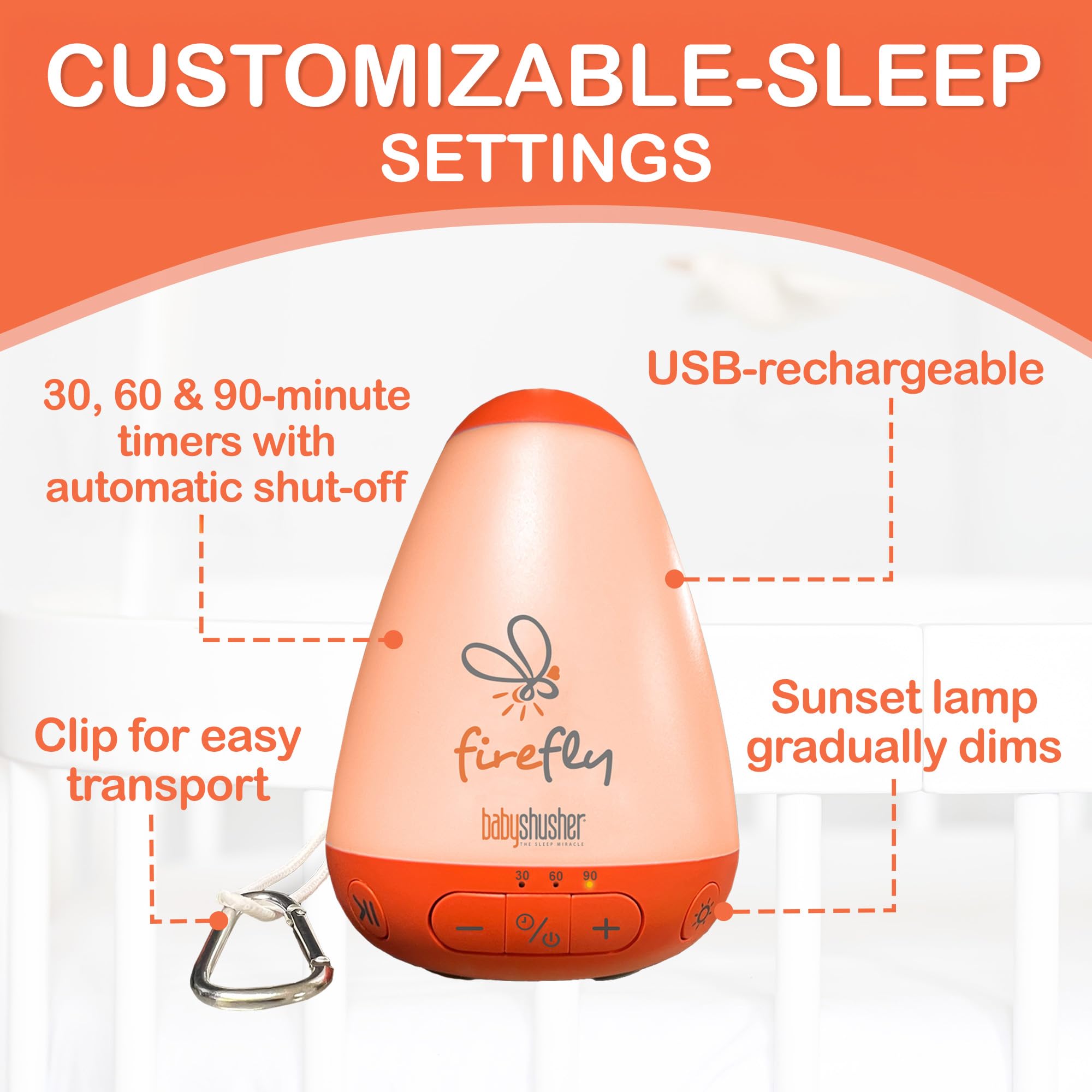 White noise machine with night light featuring customizable sleep settings and USB rechargeability.