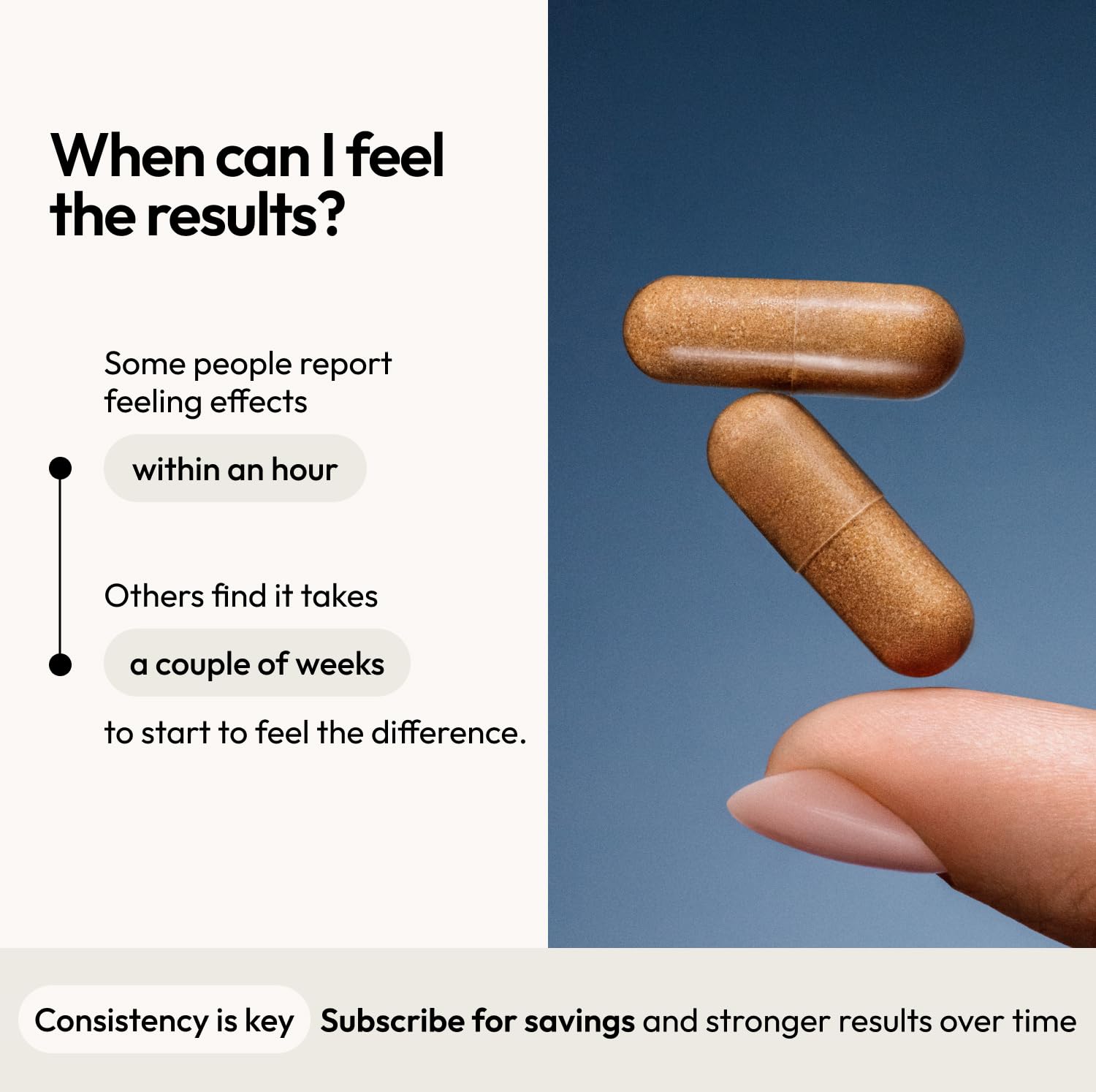 Stress relief supplements for women showing results timeline with capsules in hand.