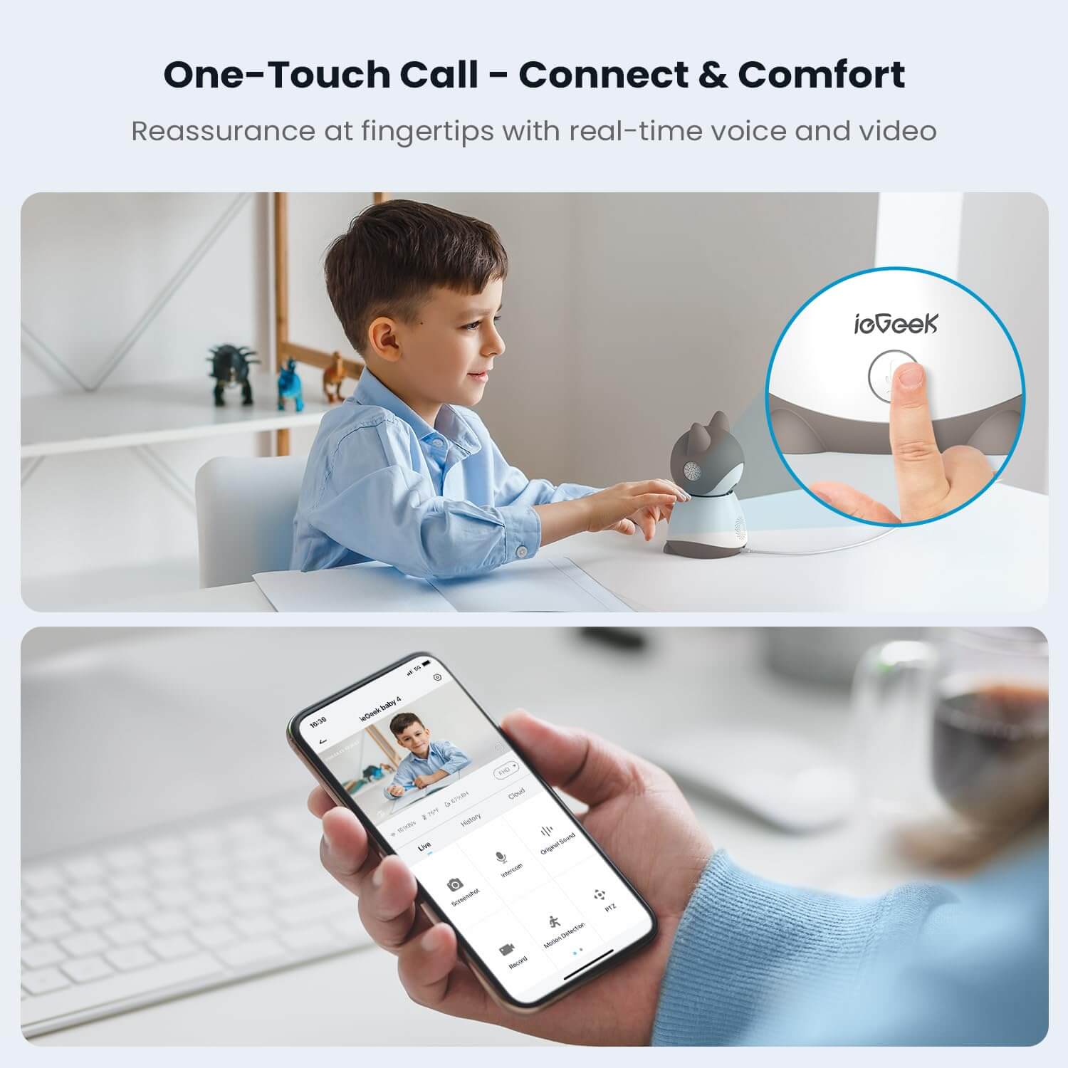 Child using ieGeek baby monitor's one-touch call feature for real-time voice and video connection.