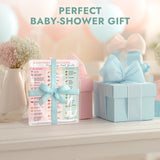 Pregnancy food guide magnet displayed among pastel baby shower gifts with text that says 'Perfect Baby-Shower Gift'.