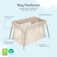 Newton Compact travel crib key features: mesh walls, side zip door, washable mattress, folds to 24 x 10 x 10 inches