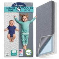 Waterproof crib mattress showcasing dual sided design with infant and toddler sides, ideal for growing children.