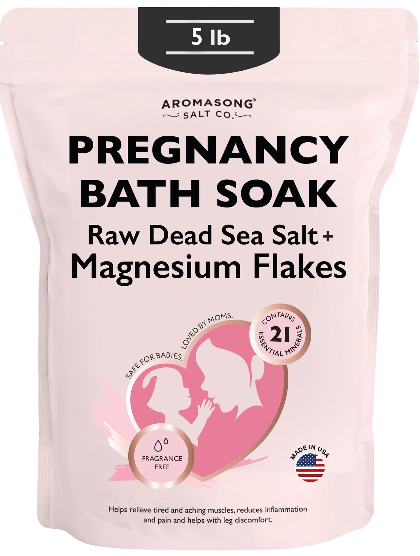 Pregnancy bath soak bag containing raw Dead Sea salt and magnesium flakes, 5 lb resealable packaging.