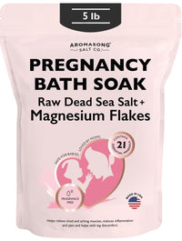 Pregnancy bath soak bag containing raw Dead Sea salt and magnesium flakes, 5 lb resealable packaging.