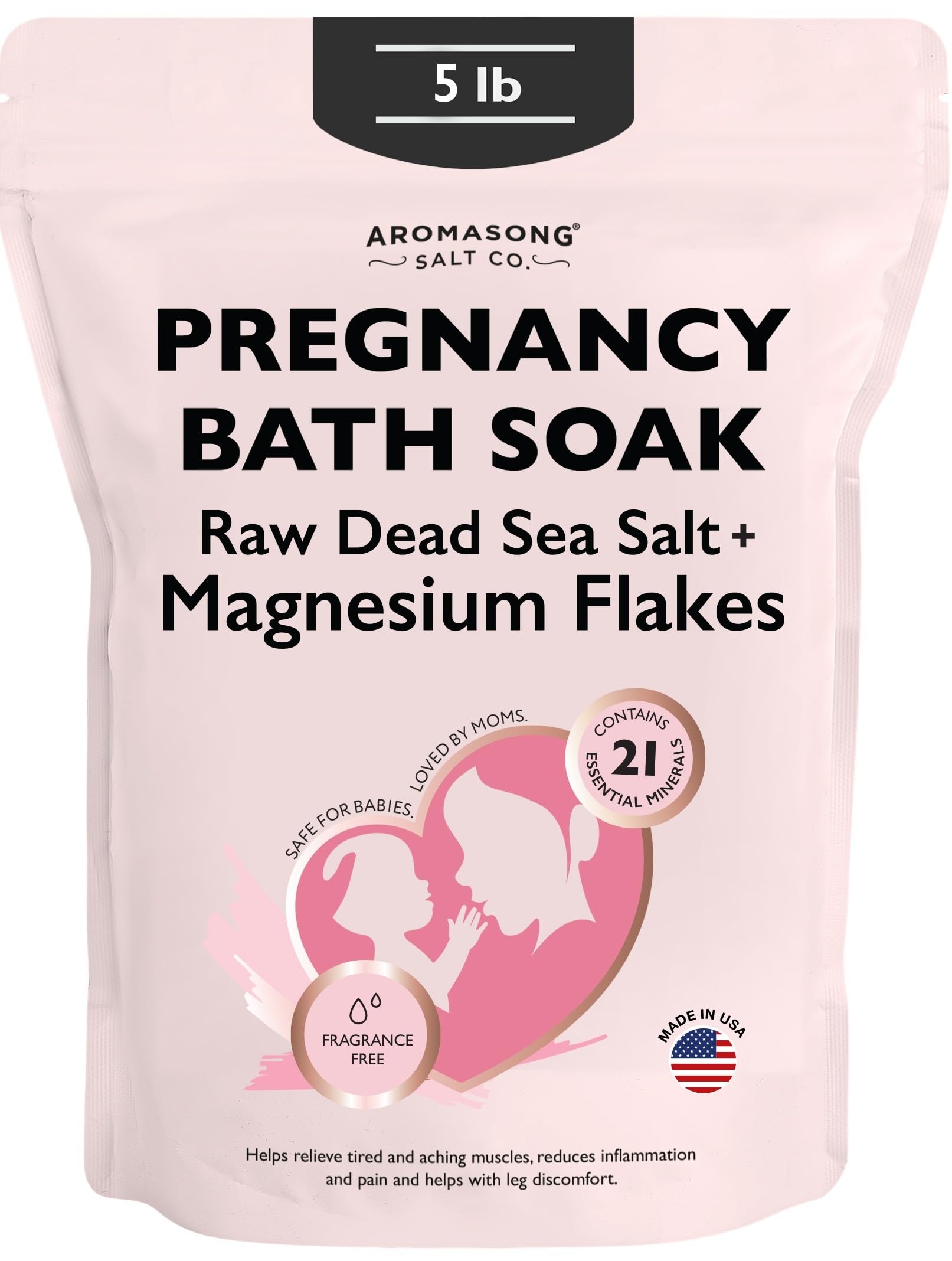 Pregnancy bath soak bag containing raw Dead Sea salt and magnesium flakes, 5 lb resealable packaging.
