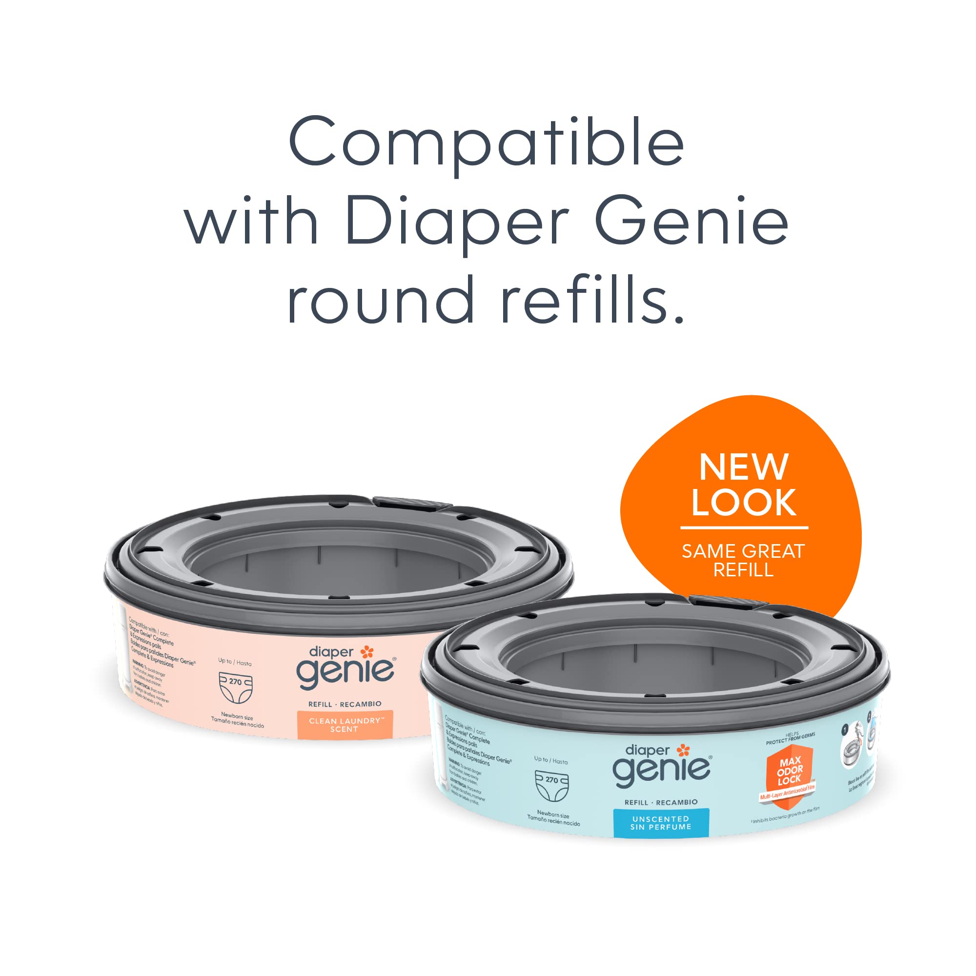 Diaper pail accessories with Diaper Genie round refills for improved odor control and convenience.