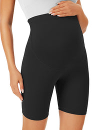 Maternity Biker Shorts in black color, designed for comfort during pregnancy with a high waist over the belly fit.
