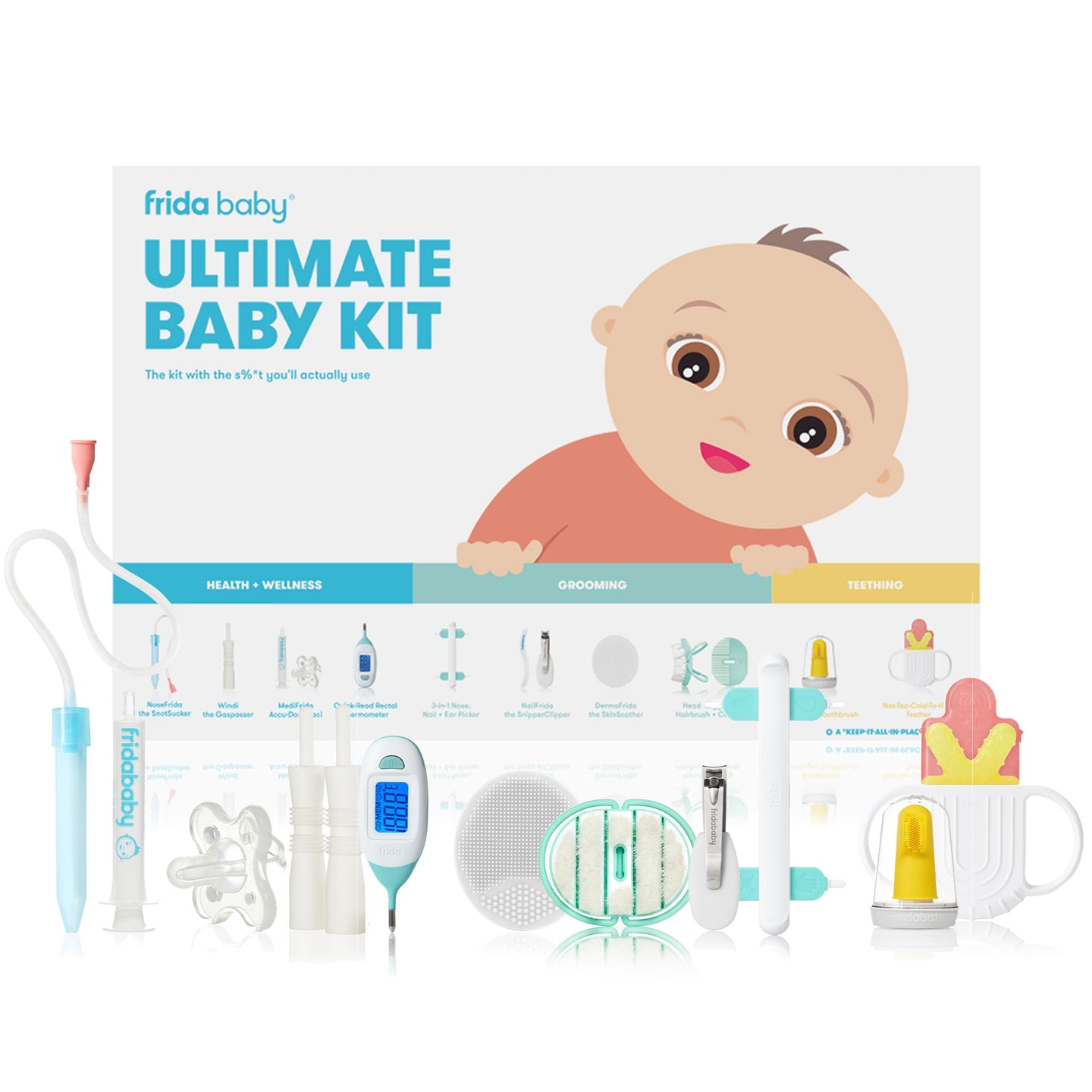 Frida Baby grooming kit containing essential tools for newborn care, health, and wellness.