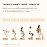 Stokke Tripp Trapp baby high chair growing with child, suitable from birth to adulthood, showcasing adjustable design.