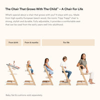 Stokke Tripp Trapp baby high chair growing with child, suitable from birth to adulthood, showcasing adjustable design.