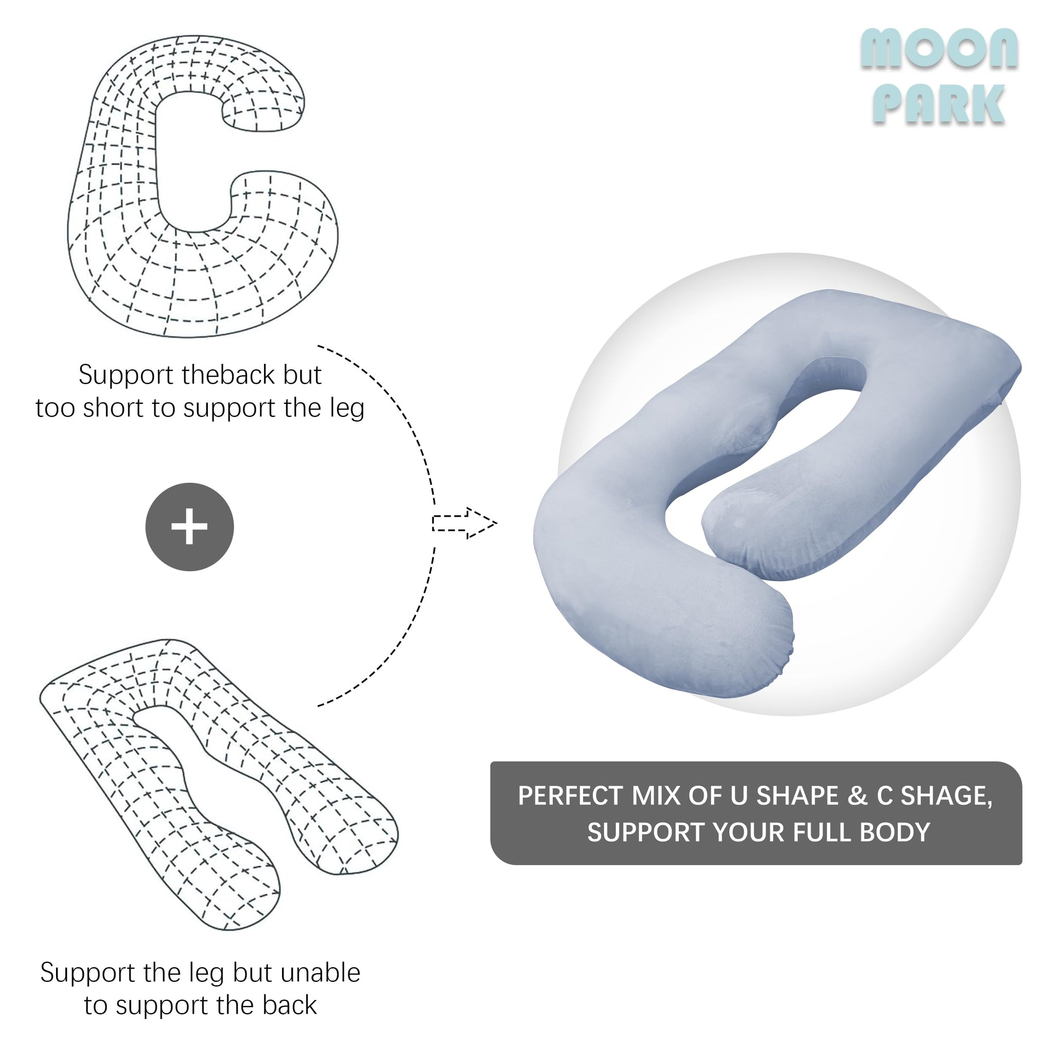 Pregnancy pillow for sleeping designed in U shape, offering full body support for expectant moms.