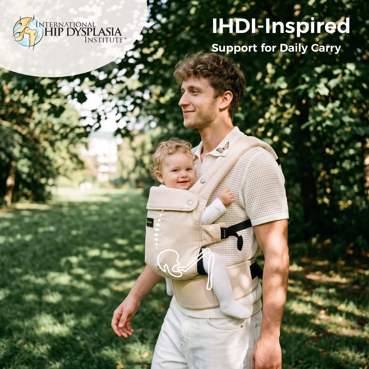 Father carrying a baby in the Momcozy PureHug carrier, with an IHDI-inspired support graphic