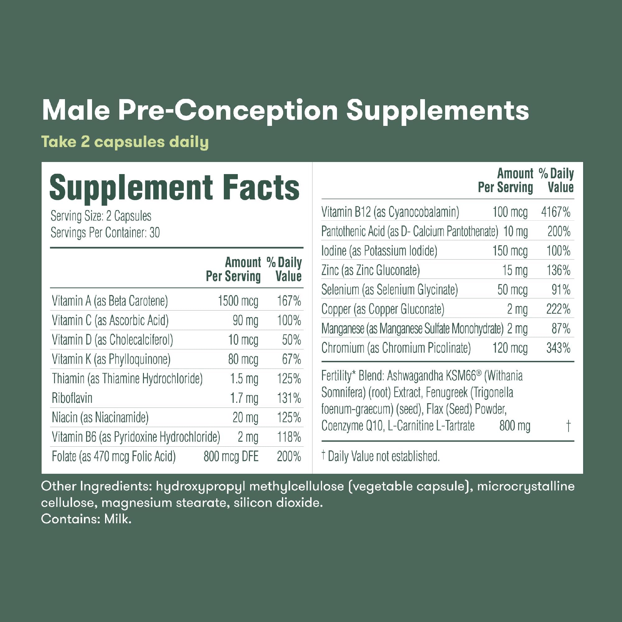 Fertility supplements for women and men, Male Pre-Conception Supplement facts and dosage information.