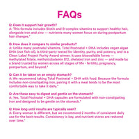 Pink Stork FAQ panel covering hair growth, how it compares to other postnatals, taking it with food and how long until results