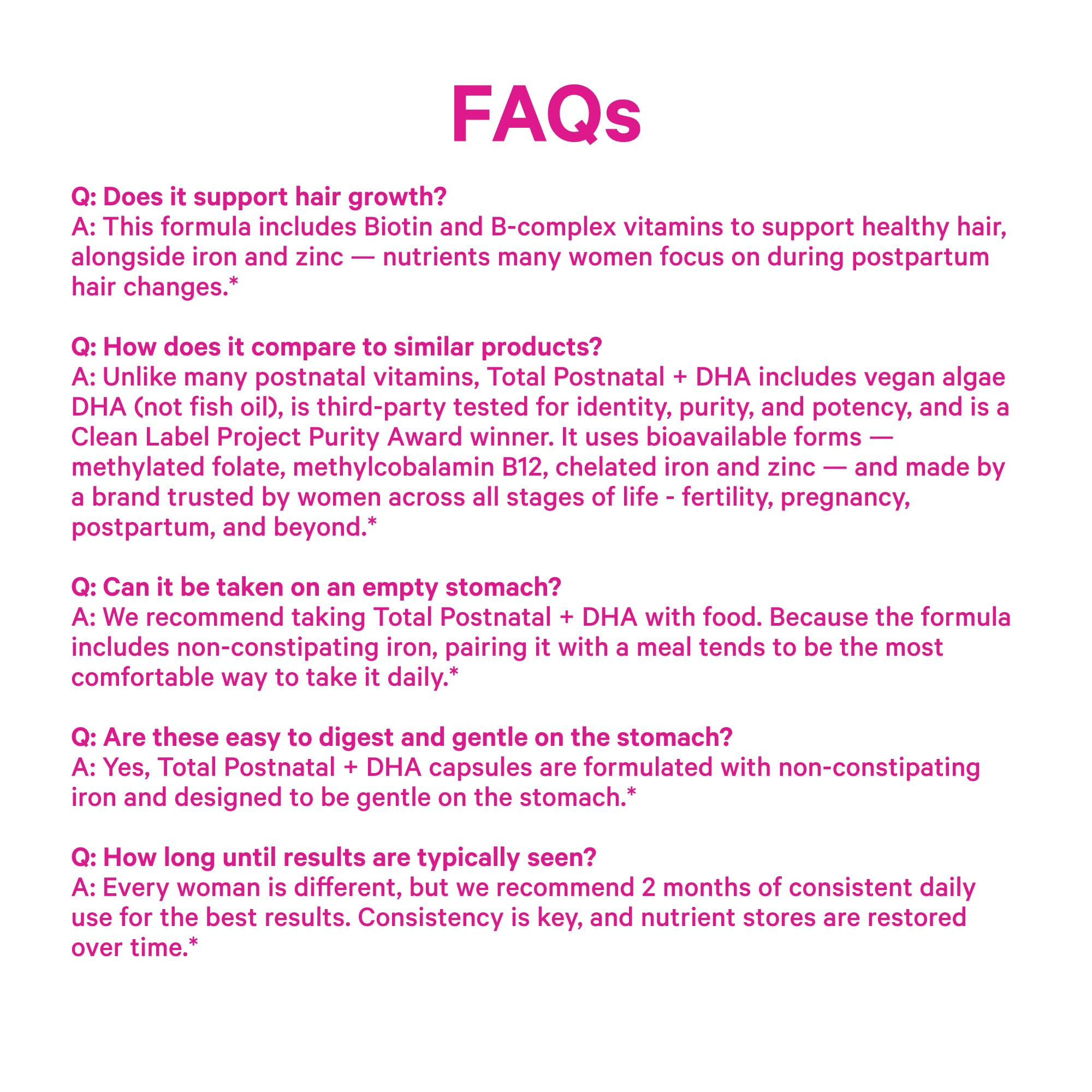Pink Stork FAQ panel covering hair growth, how it compares to other postnatals, taking it with food and how long until results