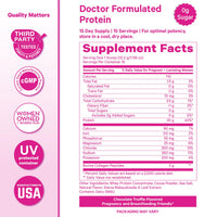 Supplement facts for Pink Stork Pregnancy Protein Powder, featuring 0g sugar and doctor formulated ingredients.
