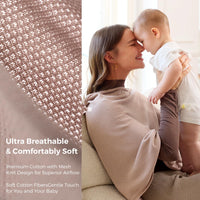 Momcozy nursing cover for breastfeeding showcasing premium cotton, ultra breathable design, and a mother with her baby.