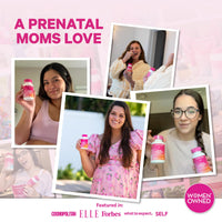 Moms holding bottles of Pink Stork Total Prenatal + DHA prenatal vitamins
