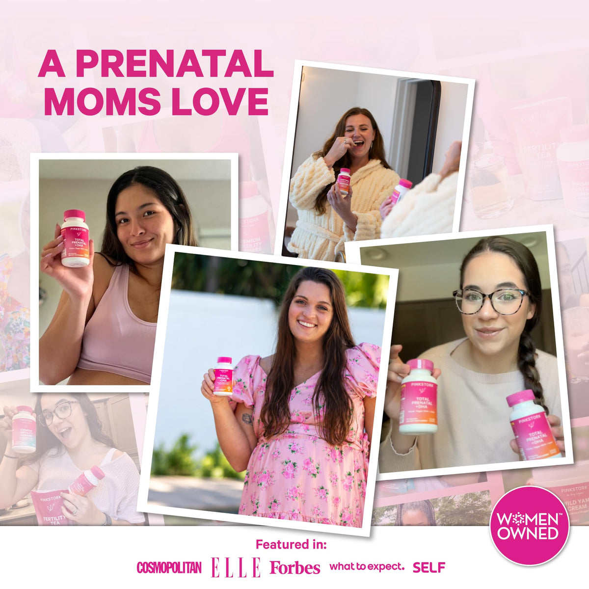 Moms holding bottles of Pink Stork Total Prenatal + DHA prenatal vitamins