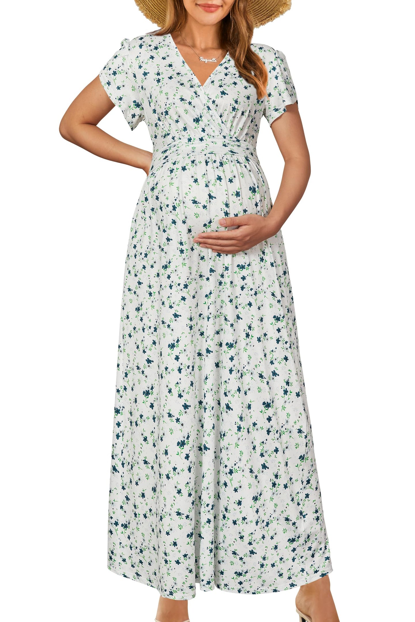 Maternity maxi dress featuring a floral print, perfect for pregnancy, baby shower, and photoshoots.