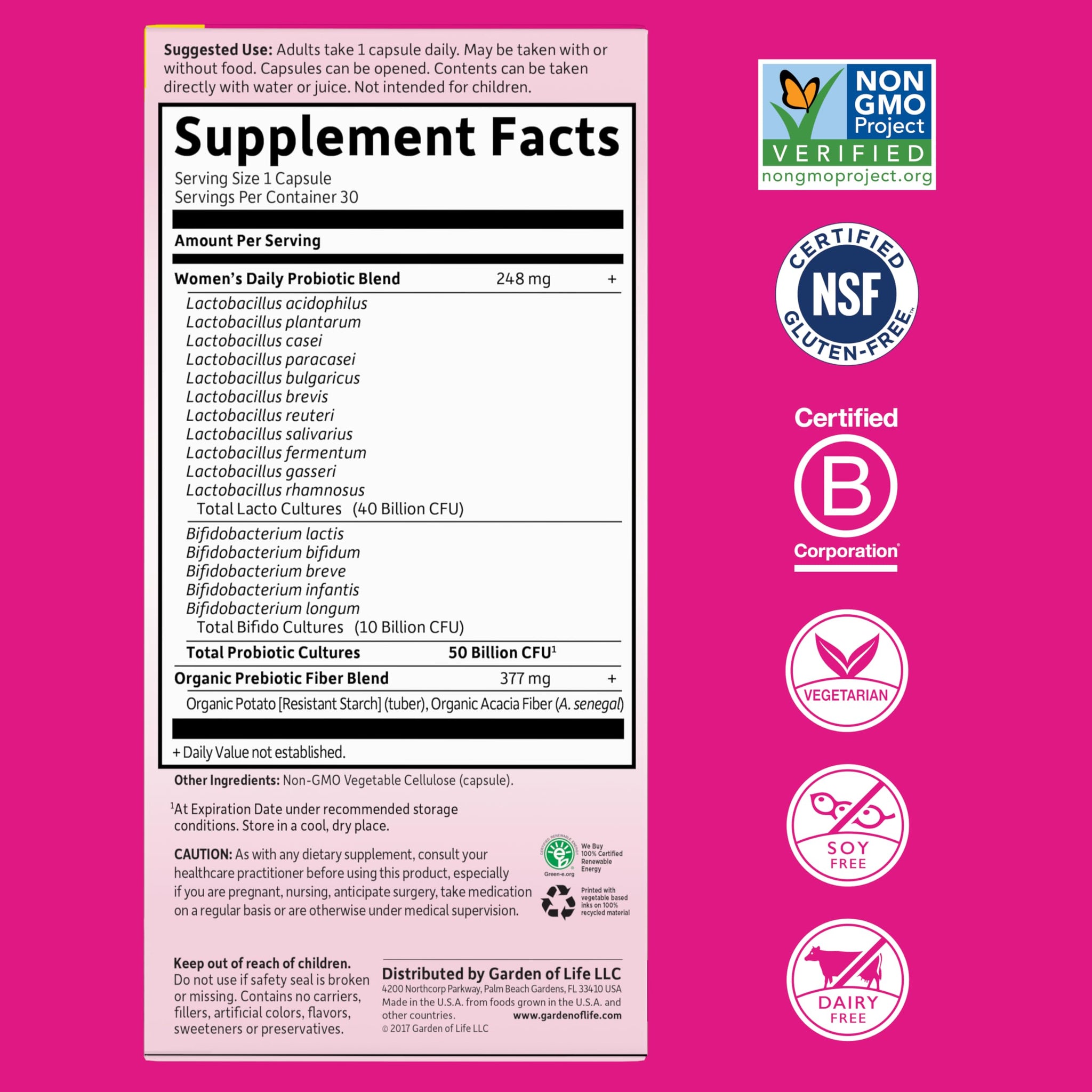 Supplement facts label for Garden of Life Women’s Daily Care Probiotic, a product focused on probiotics for fertility.