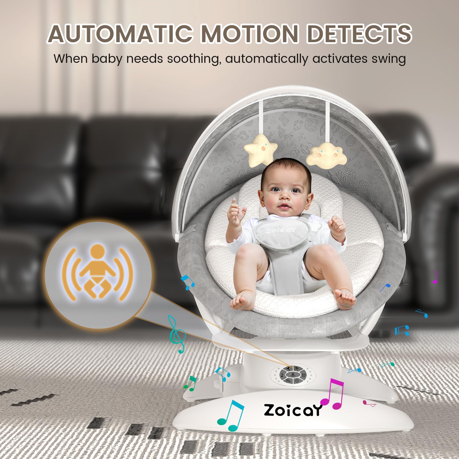 Zoicay 3-in-1 baby swing for infants with automatic motion detection, soothing baby with gentle rocking and music.