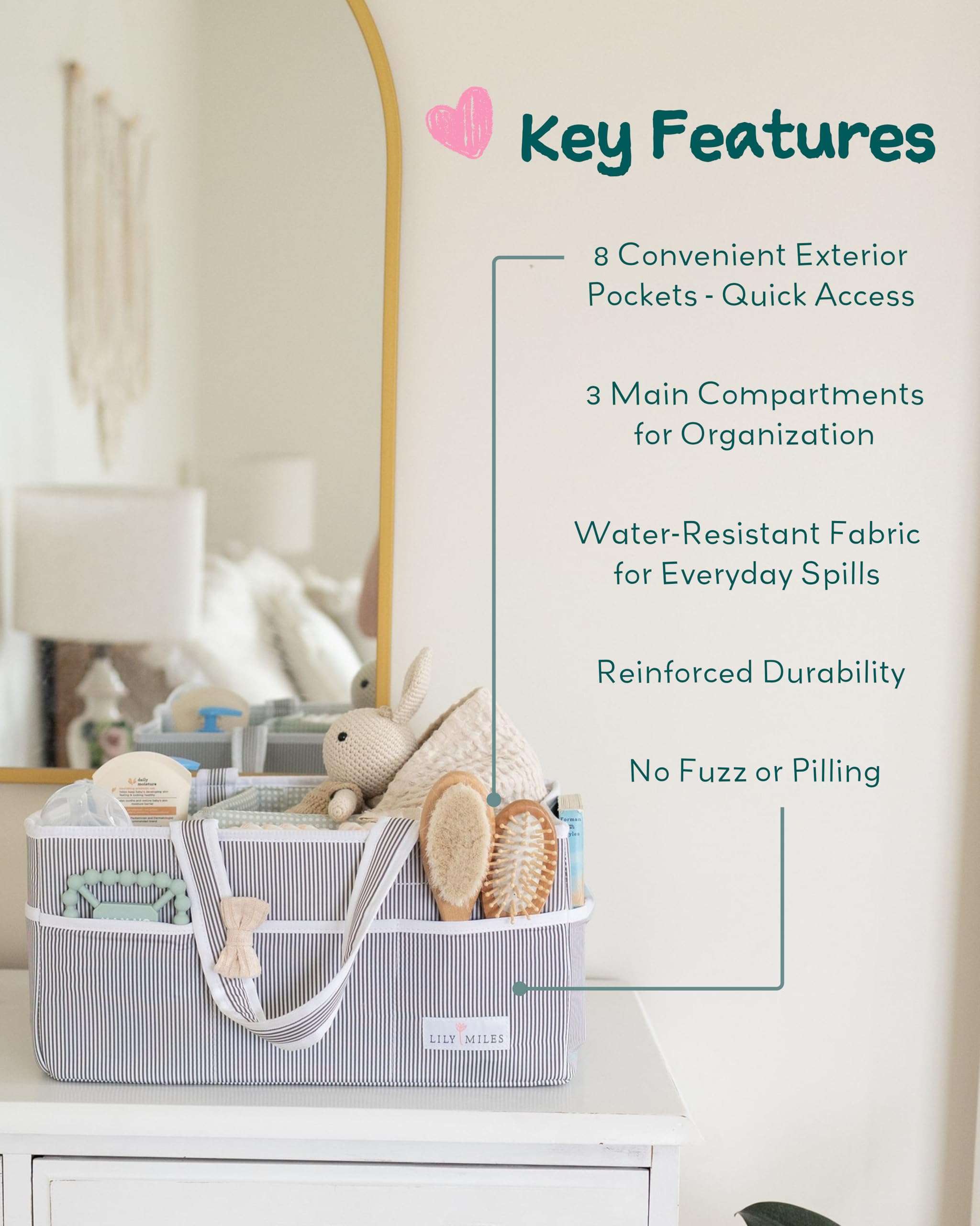 Key features of the Lily Miles baby diaper caddy highlighting organization and convenience.