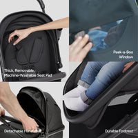Collage of features of a convertible bassinet stroller including a thick seat pad, peek-a-boo window, detachable handlebar, and durable footrest.