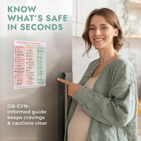Pregnancy food guide magnet displayed on a refrigerator, highlighting safe foods for expecting moms.